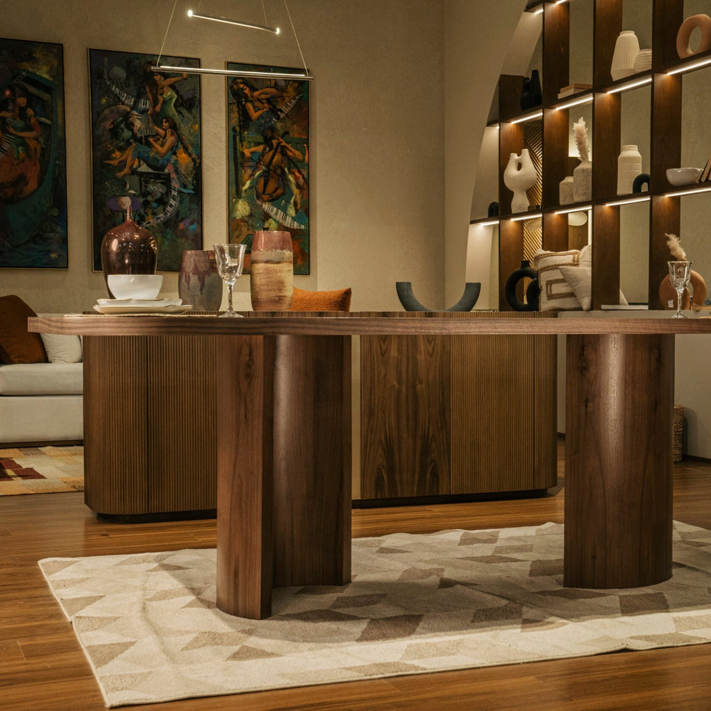 Interior of a dining room featuring a wooden table