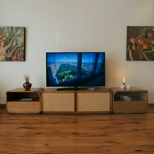 A modern living room with the cane TV Unit.